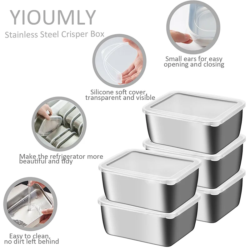 Stainless Steel Snack Container with Lids Rectangle Airtight Food Storage Container Preservation Bento Food Box Picnic Tools