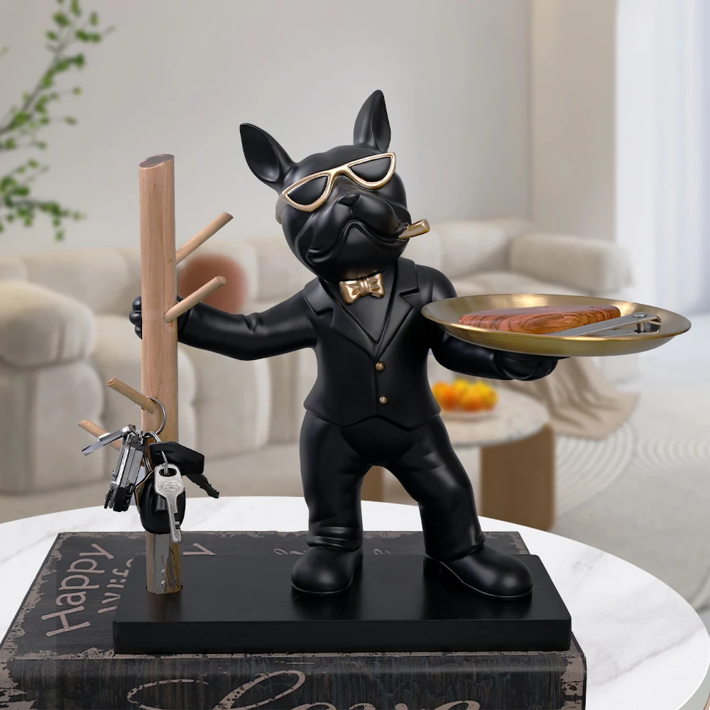 

Dog Statue Decor with Tray Butler French Bulldog Sculpture with Wooden Hand piece frame Animal Figurine Office Desk Ornaments