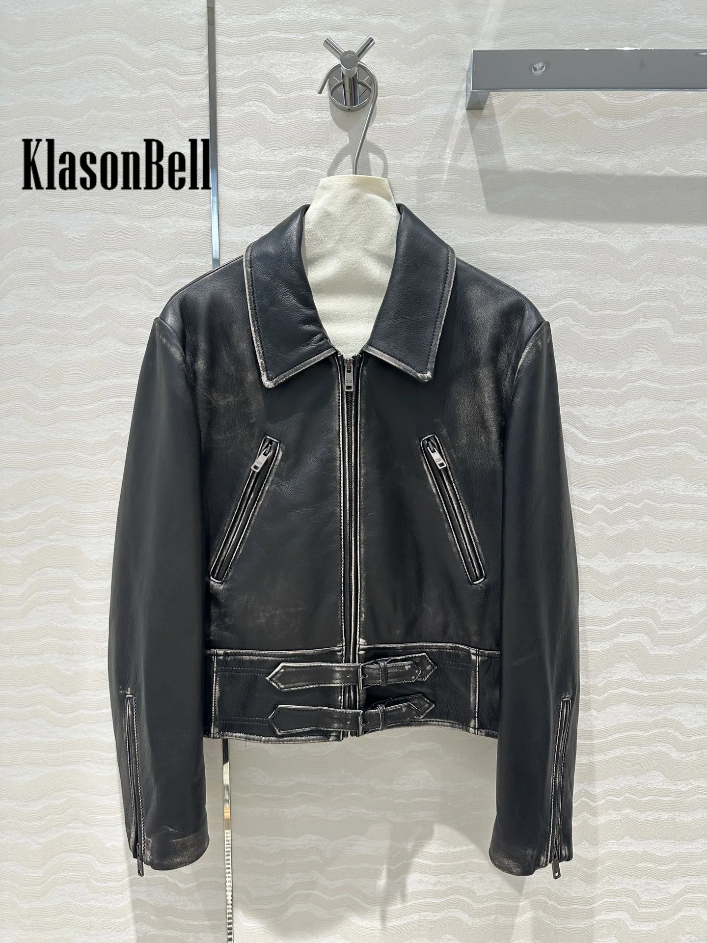 8.18 KlonasBell Women Vintage Distressed Genuine Leather Art Lapel Jacket Pocket Zipper Long Sleeve All-matches Short Coat