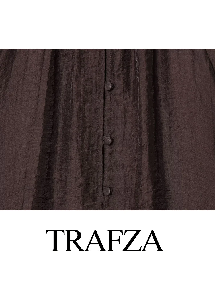 

TRAFZA Women Fashion Versatile Stand-up Collar Puff Sleeve Translucent Shirt Female Tencel Fabric Loose Casual Long Sleeve Shirt