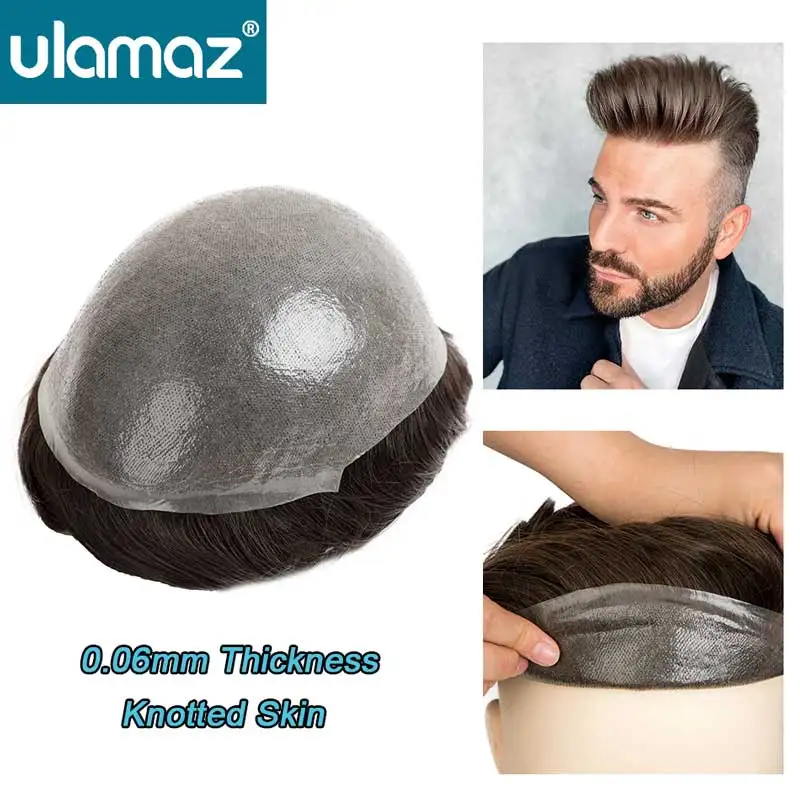 0.06mm Knotted Skin Men's Wig Undetectable Hair System Man Toupee Hair Men Poly PU Male Hair Prosthesis Human Hair Wigs For Men