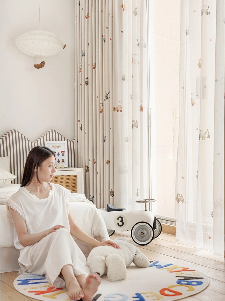 Cartoon Engineering Car Embroidered Cotton Linen Blackout Curtains Custom Size for Living Dining Room Children's Bedroom Window