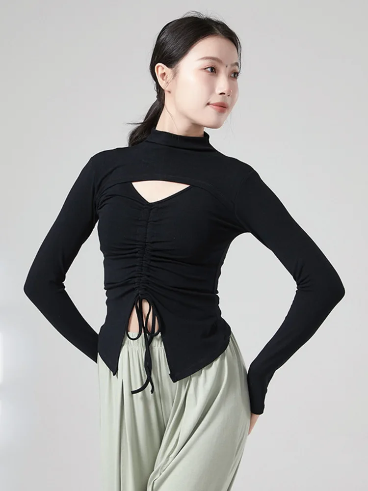 Top de manga larga ajustado con cuello alto y cordón de color liso para mujer – Ropa de actuación de danza clásica
