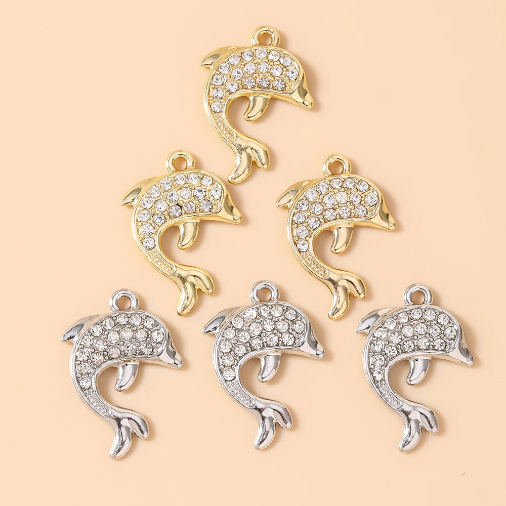 Leslie 10 Stück 18*25mm Gold Silber Farbe Klare Kristall-Delfin-Anhänger für Niedliche Charm-Ohrringe Halskette Handgemachter Schmuck – Detail 2
