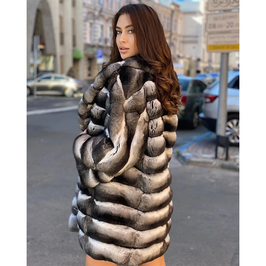 Fur Coat Women Natural Chinchilla Rex Rabbit Fur Coat Mid-Length Best Seller Warm Winter Jackets Female