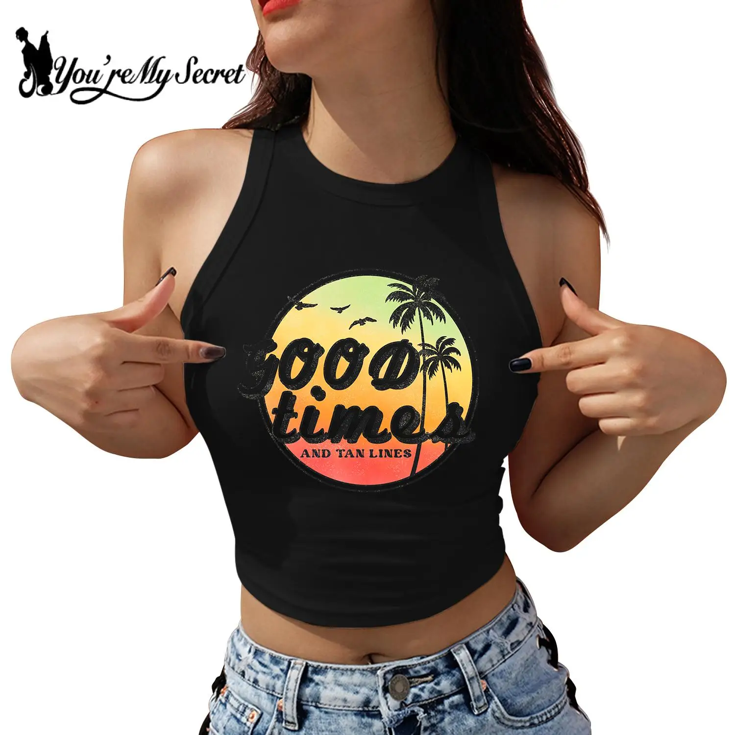 [You're My Secret] Summer Funny Print Women Sexy Crop Top Shirt Hawaii Sea Beach 3D Print Sleeveless Slim Tank Tee Y2K Clothes