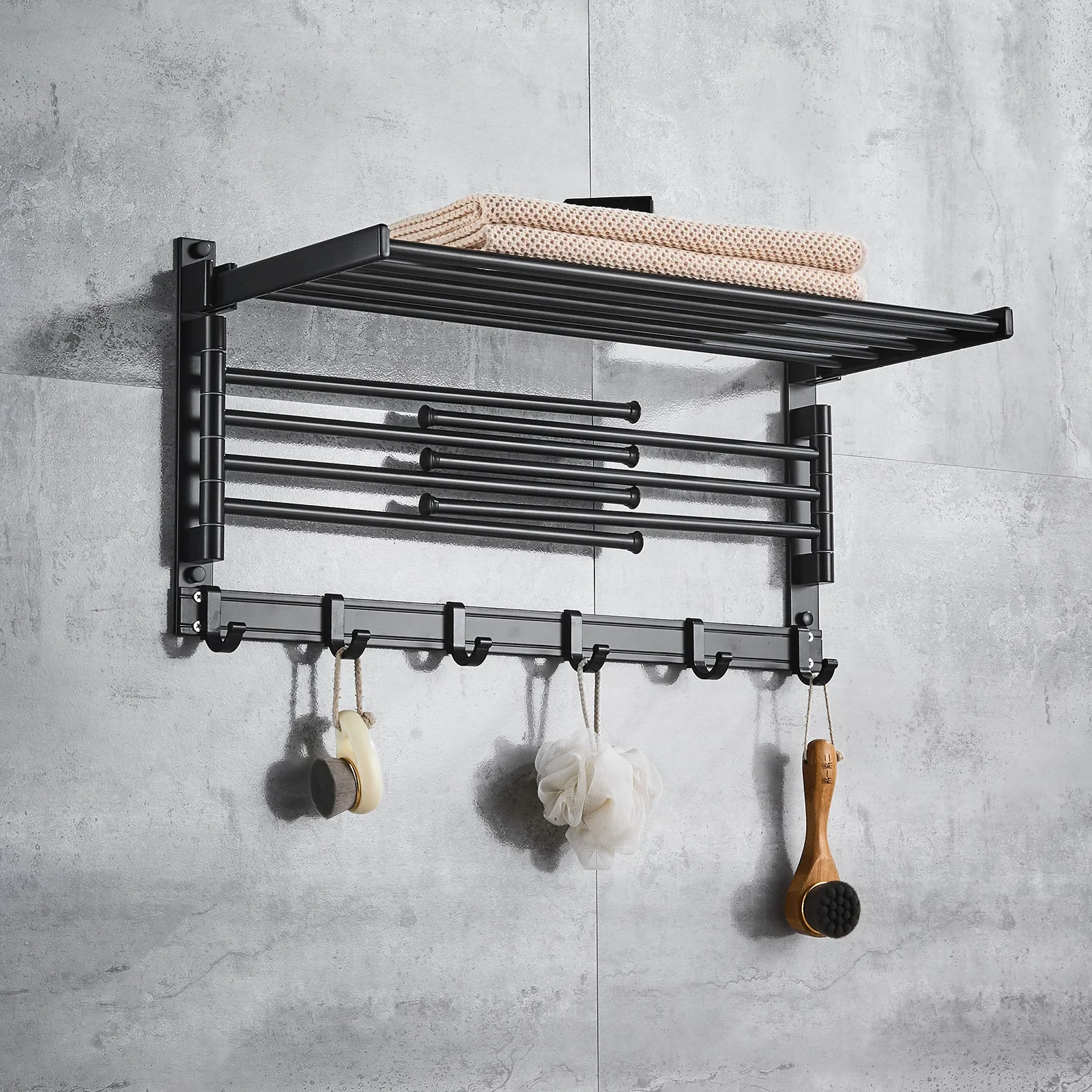 

Laundry Clothes Drying Rack - Wall Mounted Swivel Towel Rack With Hooks And Swing Arms Space Saver In Laundry Room And Bathroom