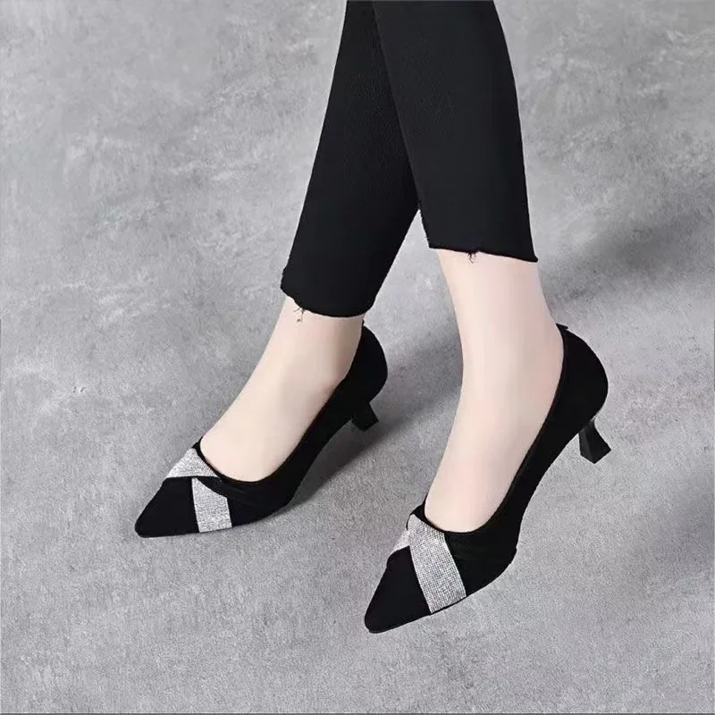 20233 Sexy Patchwork Pointed Toe Shoes Women\'s Fashion All-match Thick Heel Patent Leather Low Heels Slip on Pumps Women Shoes