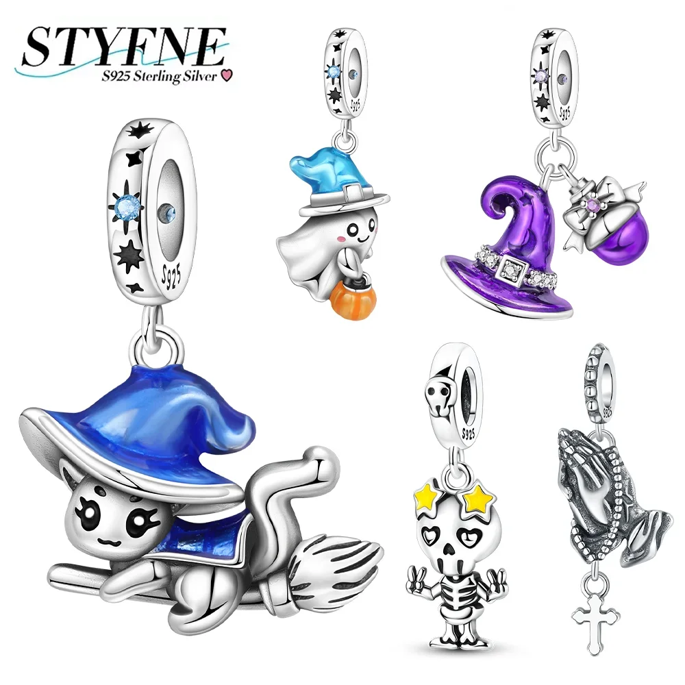 925 Silver Halloween Charms Magic Hat Magic Potion Imp Skull Beads Fit Diy Original Bracelet Halloween Fashion Jewelry Gifts
