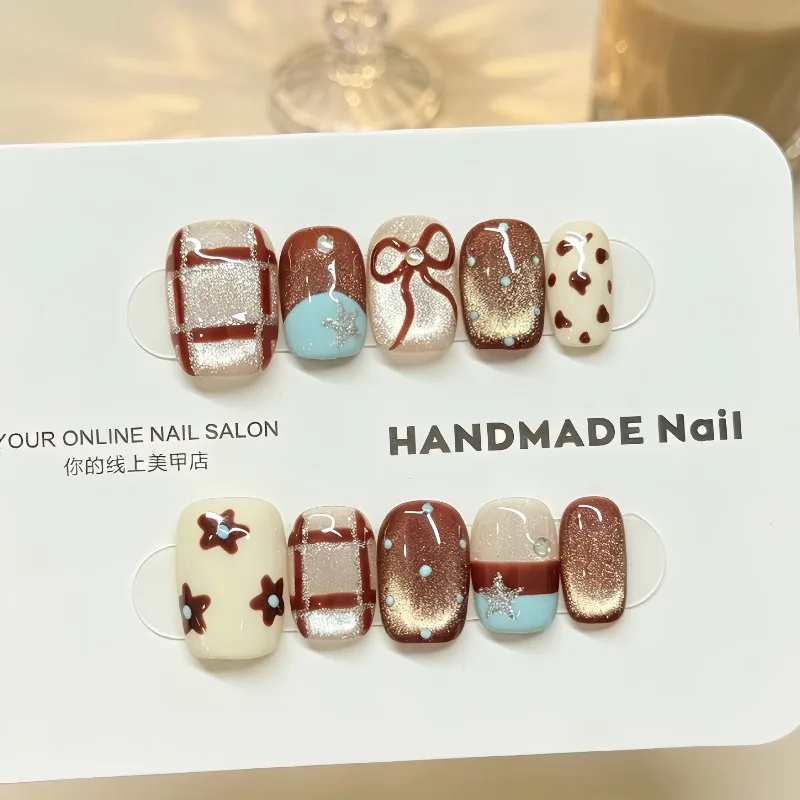 10Pcs Press-On Handmade Nails Fall/Winter Caramel Brown Hand-Painted Checkered Design—Perfect for Women and Everyday Wear