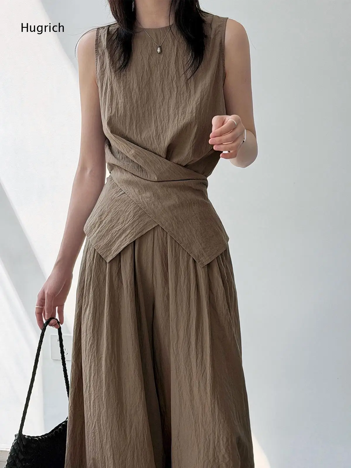 Daily Casual Matching Suit For Ladies Sleeveless Cross Cut Tank Top Elastic Waist Loose Solid Khaki Wrinkle Wide Leg Pants