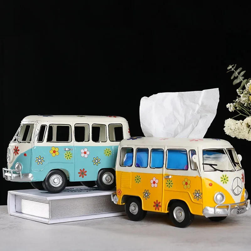 Creative Bus Model Paper Holder Nostalgic Retro Wrought Iron Car Miniature Home Tissue Boxes Decoration Ornament Gift