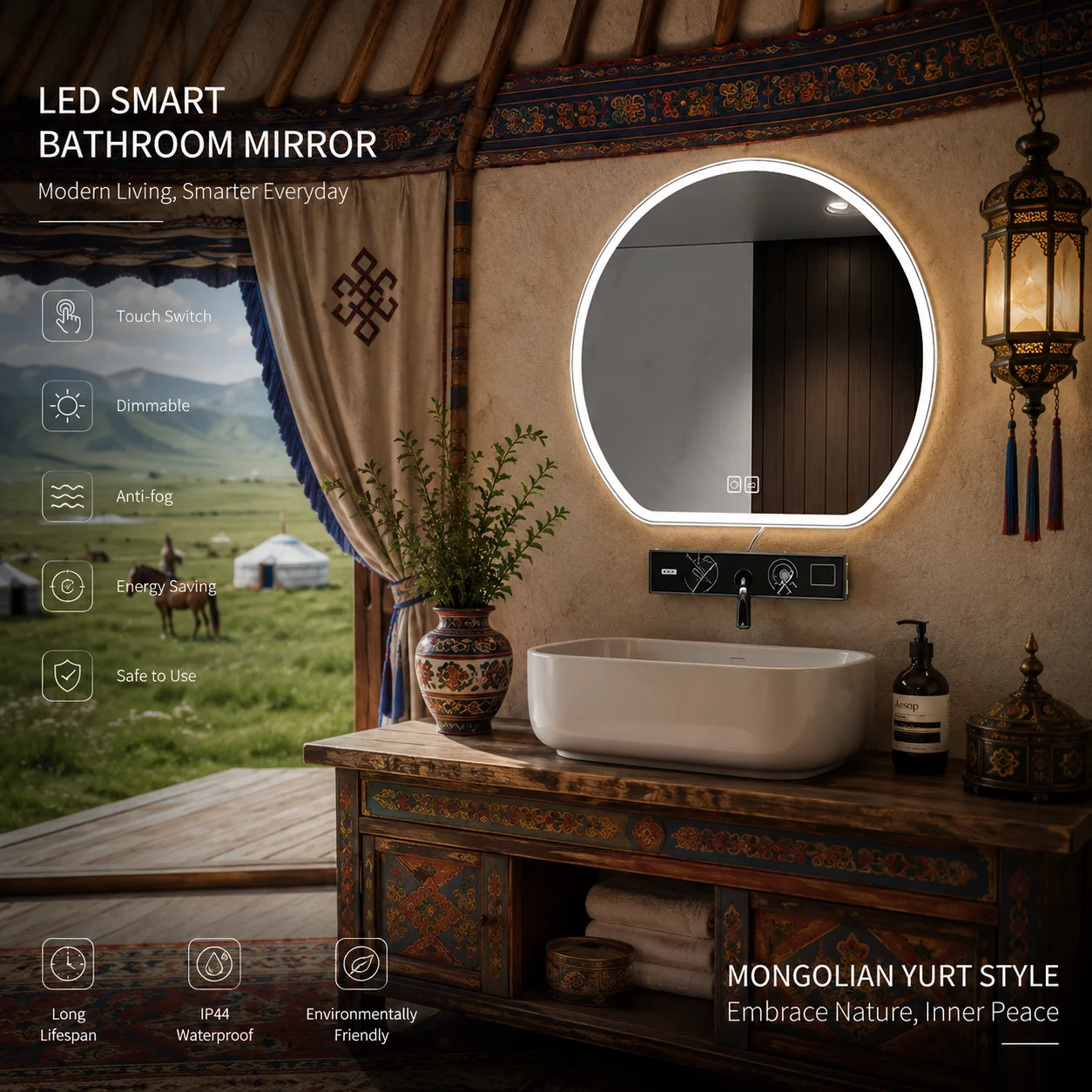 24 Inch Semi Round LED Bathroom Mirror, Aluminum Frame, Touch Sensor, Adjustable 3 Color Light, Anti Fog, IP44, AC110-220V