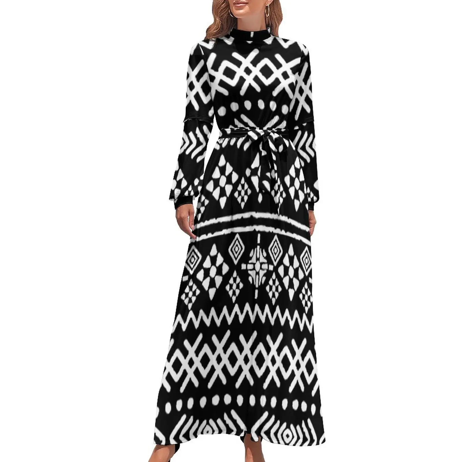 

Vintage Ethnic Dress Long-Sleeve White And Black Maxi Dress High Waist Street Wear Boho Beach Long Dresses Birthday Present