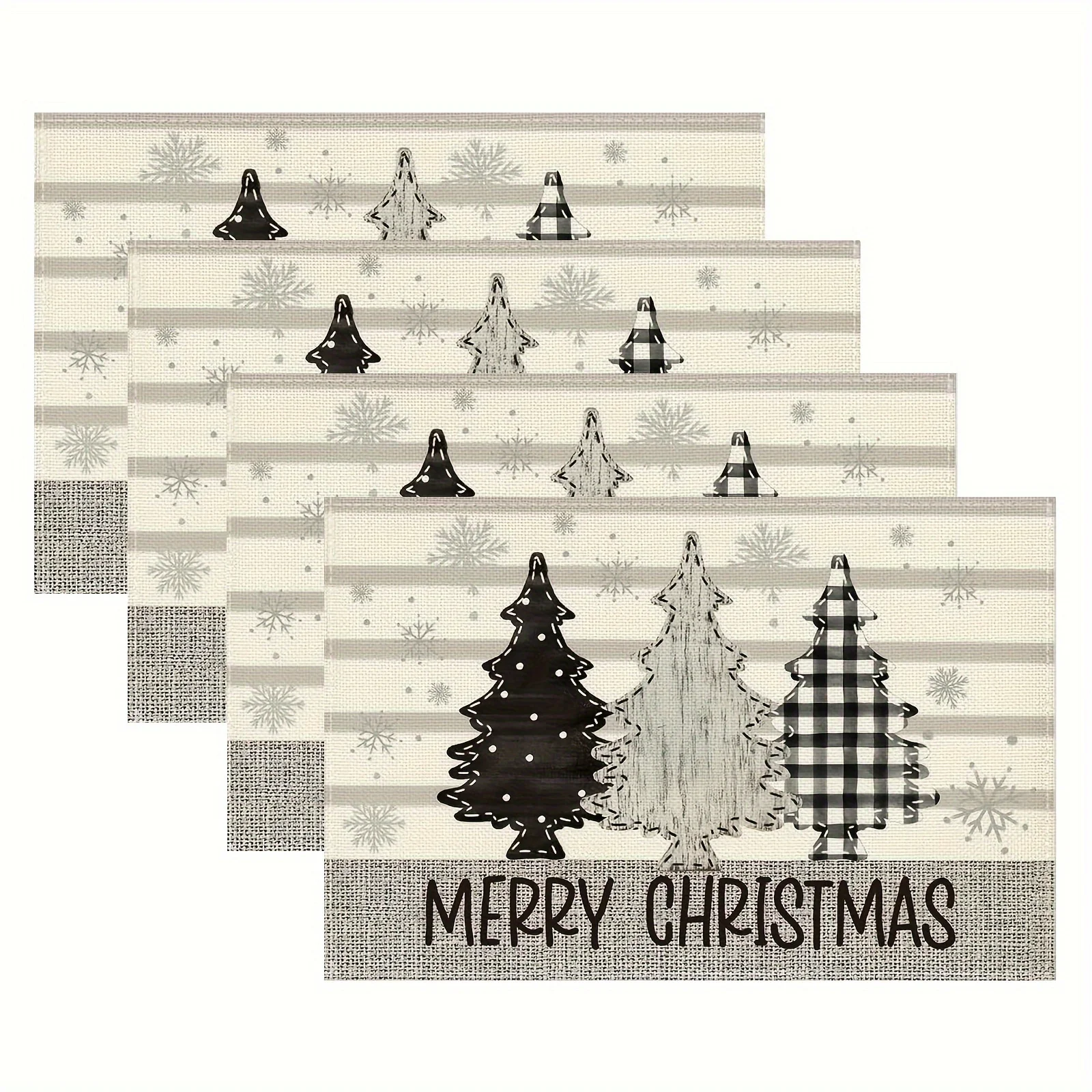 Black White Buffalo Plaid Christmas Tree Snowflake Stripe Print Rectangular Placemats Set Farmhouse Merry  Winter Holiday  Mats