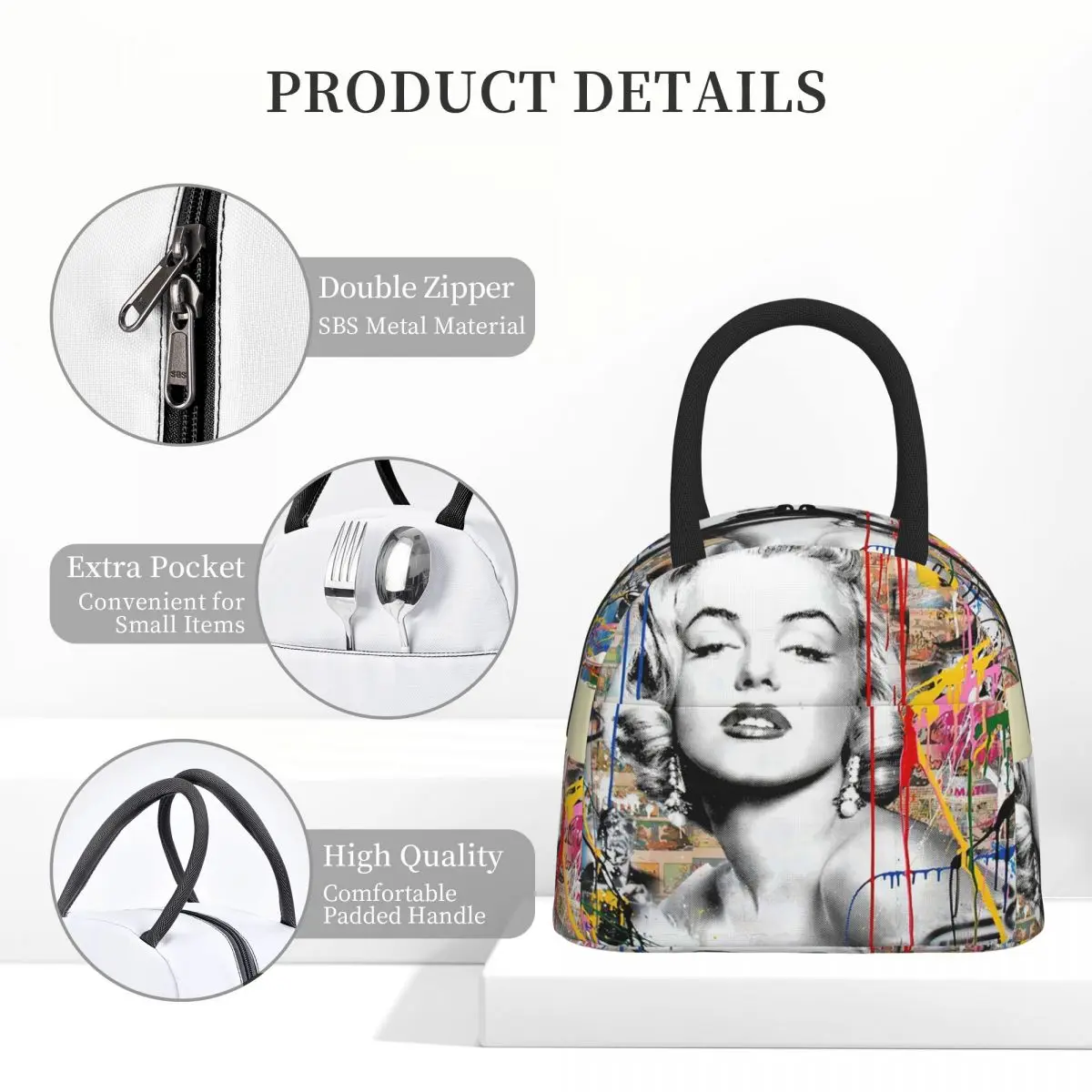 مارلين مونرو الملونة البوب المزج بانكسي الغداء حقيبة معزول بينتو صندوق الغداء حمل حقيبة تخييم حقيبة للحفاظ على البرودة لمكتب الطلاب