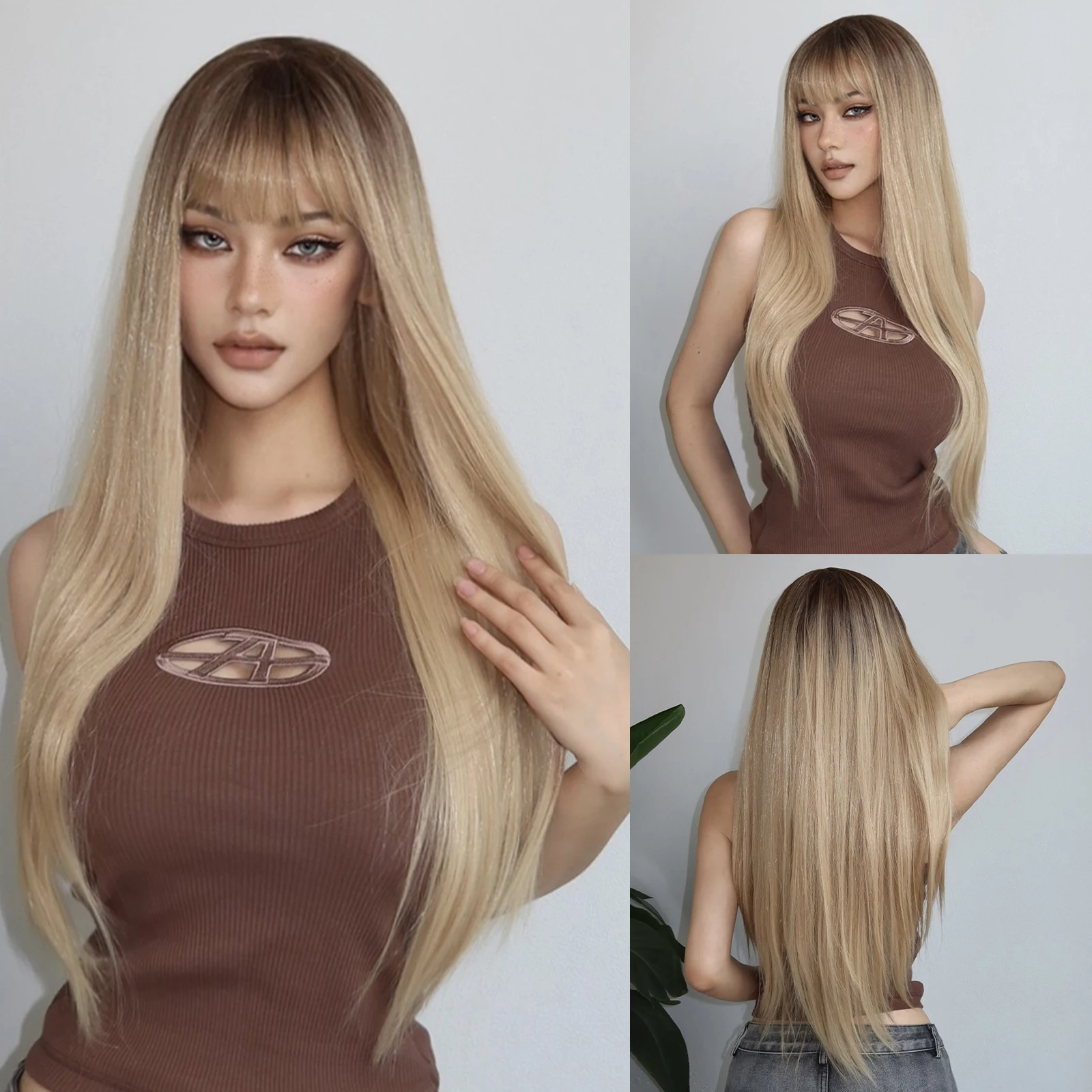 Blonde Ombre Long Silky Straight Synthetic Wigs Dark Root Cosplay Party Hair Wig with Bangs Natural Heat Resistant Wig for Women