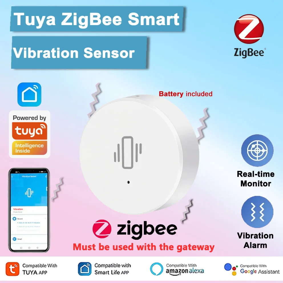 

Tuya Zigbee Wireless Vibration Sensor Smart Home Security Real-Time Remote Monitor Alarm Works with Smart Life App Amazon Alexa