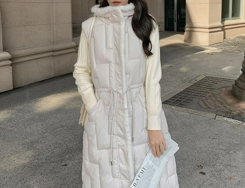 

2025 Autumn Winter New Down Cotton Vest for Women Waist-Cinching Mid-Length Over-the-Knee Fashionable Hooded Cotton Jacket Vest
