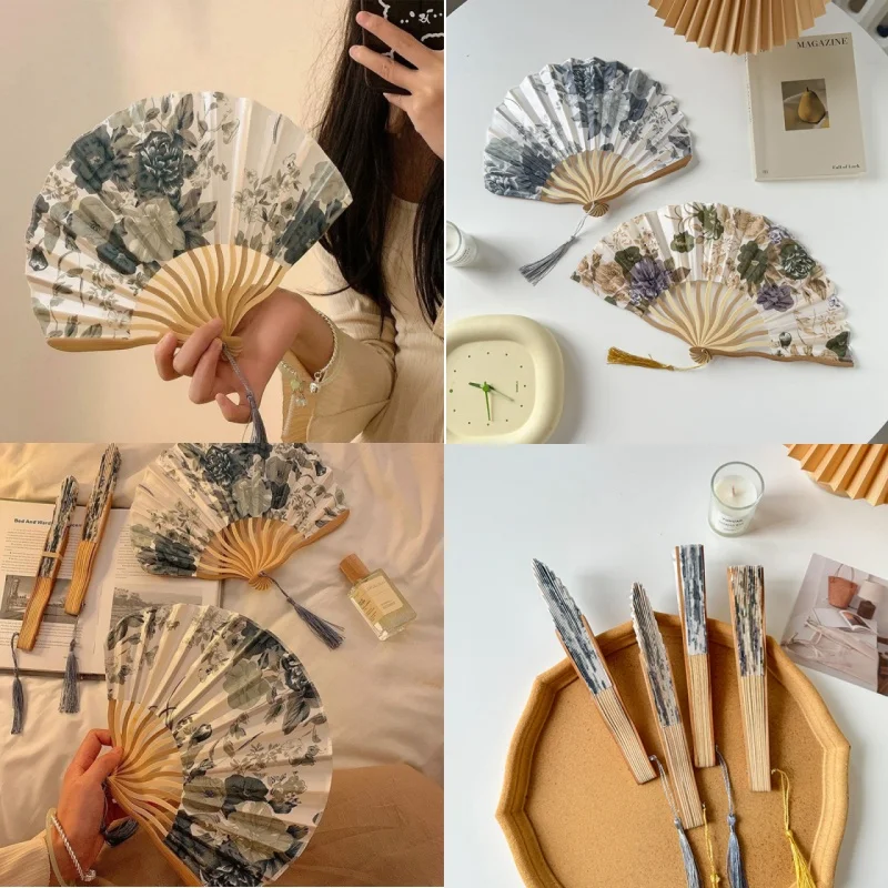 2025 New Summer Vintage Bamboo Folding Fan Chinese Style Women's 7 Inches Silk Cloth Dance Performance Photograph Hand Flower