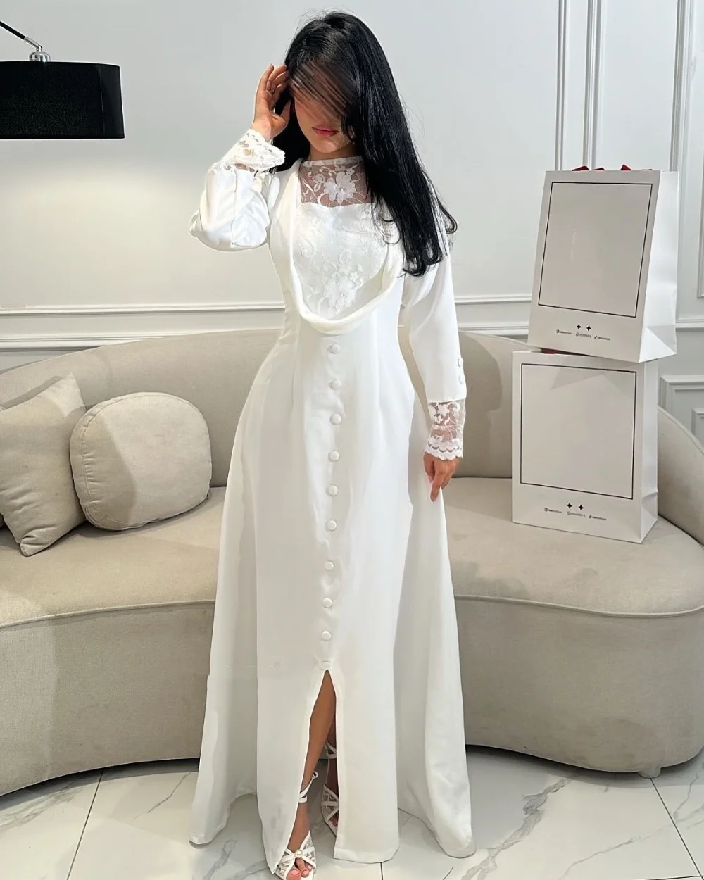 

Customized Sexy Elegant Chiffon Button Lace Flower Ruched Straight Scoop Neck Long Dresses Bespoke Occasion Dresses Modern Style