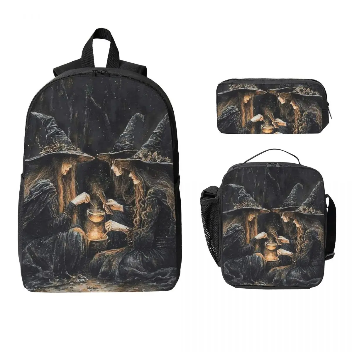 Autumn Forest Witches And Broomsticks Backpack Boys Girls BookBag School Bag Computer Shoulder Bags 3ps Lunch Bag Pencil Case