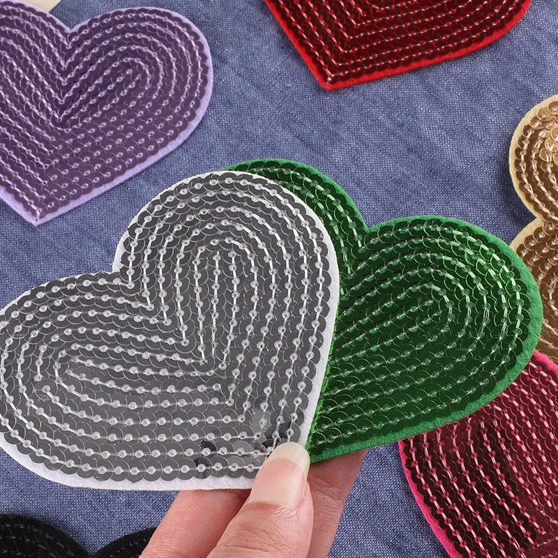 5Pcs Sequined Heart-shaped Pink Colorful Patch Glitter Stickers DIY Fabric Appliques Embroidered Iron On Coats Jeans Pants Badge