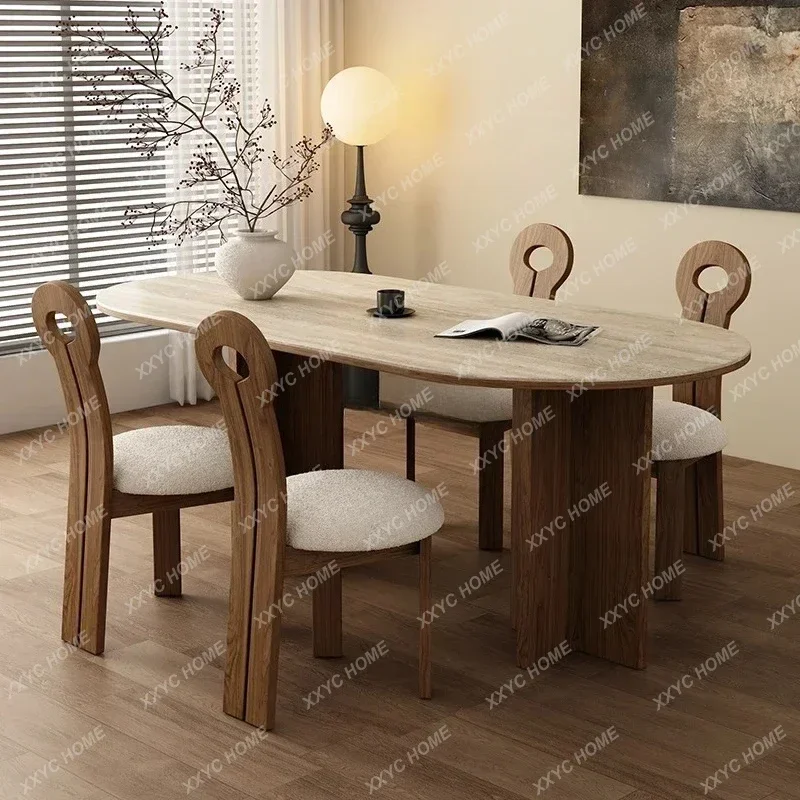 A  FG17Antique Style Cave Stone Stone Plate Dining Table Solid Wood Living Room Ellipse Dining Table