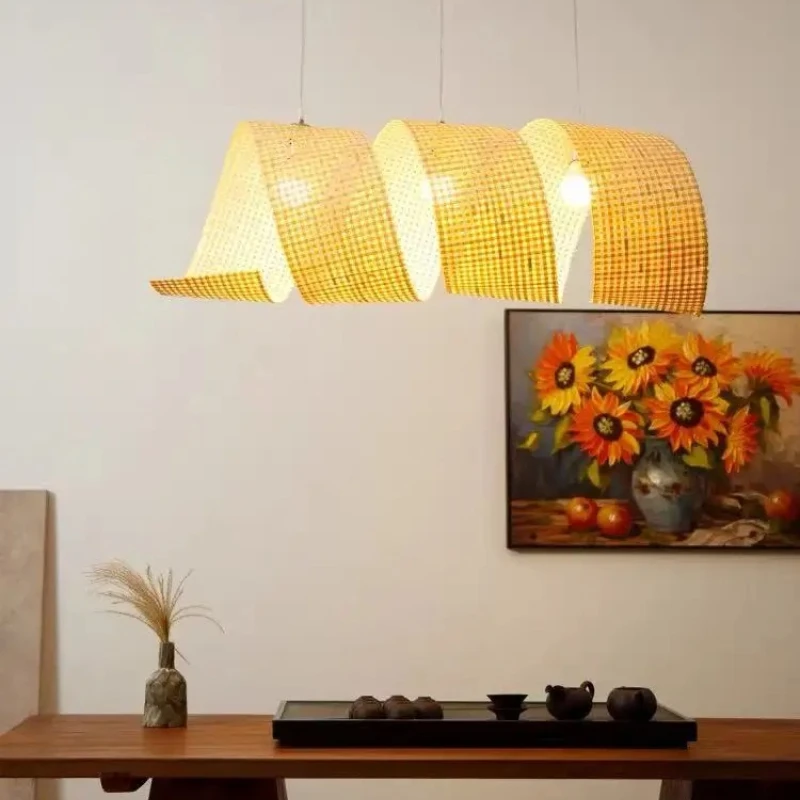 Wabi-sabi Zen Pendant Lights Bar Long Continuous Bamboo Wicker Art Creative Lamp for Tea Room Living Home Decoration Chandeliers