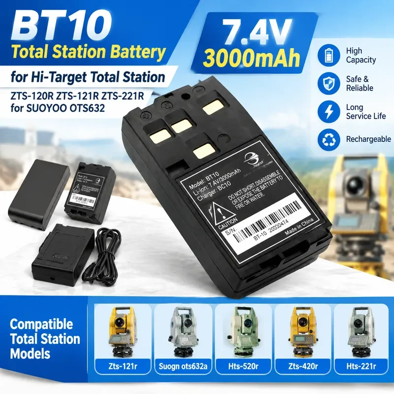 7.4V 3000mAh BT10 Battery & BC10 Charger for Hi-Target Total Station ZTS-120R ZTS-121R ZTS-221R for SUOYOO OTS632 Li-ion