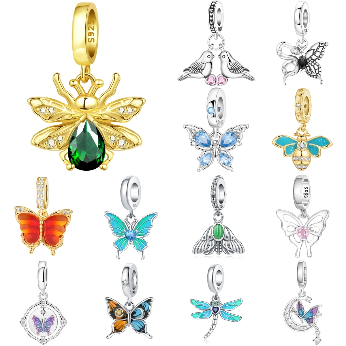 

PANPOKI 925 Sterling Silver Two heart-shaped Bird Animal Original Pendants Bracelet Charms Jewelry Party Beads DIY Trendy Gifts