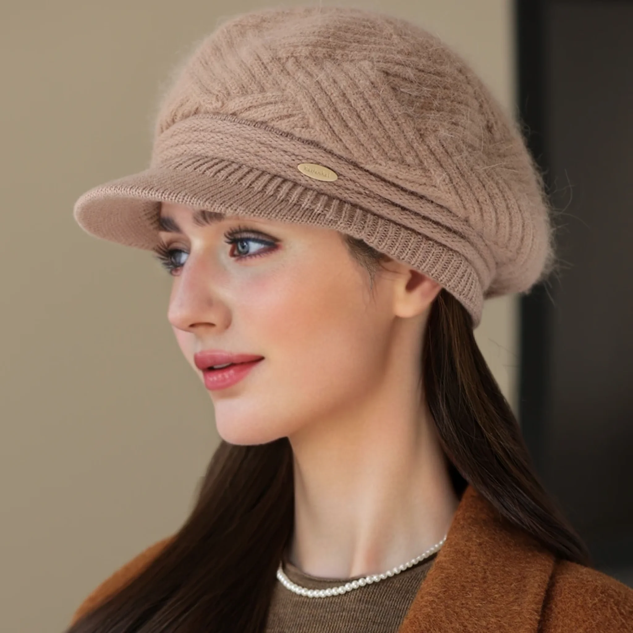 New Style Women Winter Hat Simple Line Design Plush Fur Lined Cap For Women Casual Rabbit Fur Blend Streetwear Knitted Hat