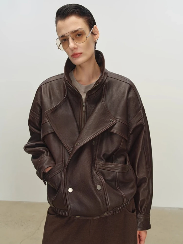 Vintage Genuine Leather Motorcycle Jackets for Women Autumn Winter High-end Solid Simple Stand Collar Bubble Real Sheepskin Coat