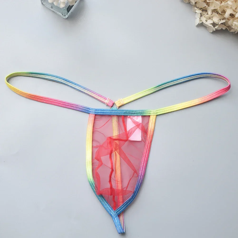 Mens Sexy Transparent Gauze Thong Briefs Colorful Thin Belts Low Waist G String Underpants Bulge Pouch Underwear Erotic Lingerie