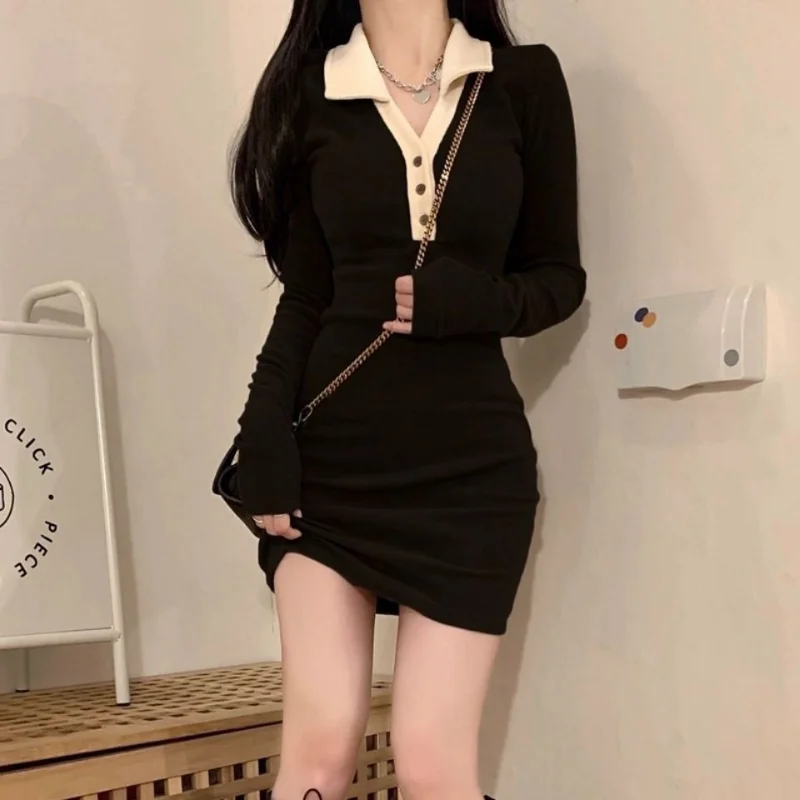 

Spring Autumn New Slim Hip Wrap Short Skirt Long Sleeve Polo Neck Button Contrast A-line Skirt Sexy Sweet Fashion Women Clothing