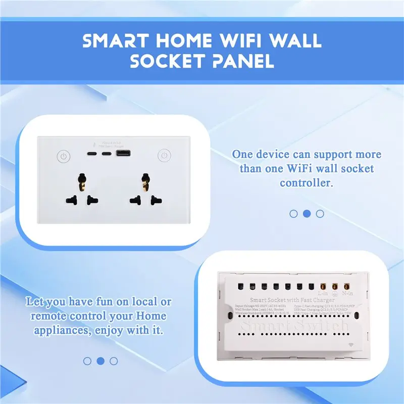 New Shown-USB Touch 70W QC/PD3.0 Smart Home Wifi Wall Socket Panel International Double Universal Outlet