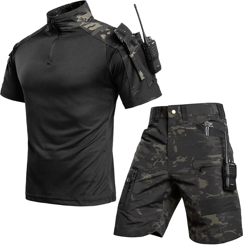 Men's Outdoor Quick Dry Tactical T-Shirts Sets Half-Zip T-shirt Shorts Multi-Pocket for Hiking Camping Fishing Summer Workwear view 4