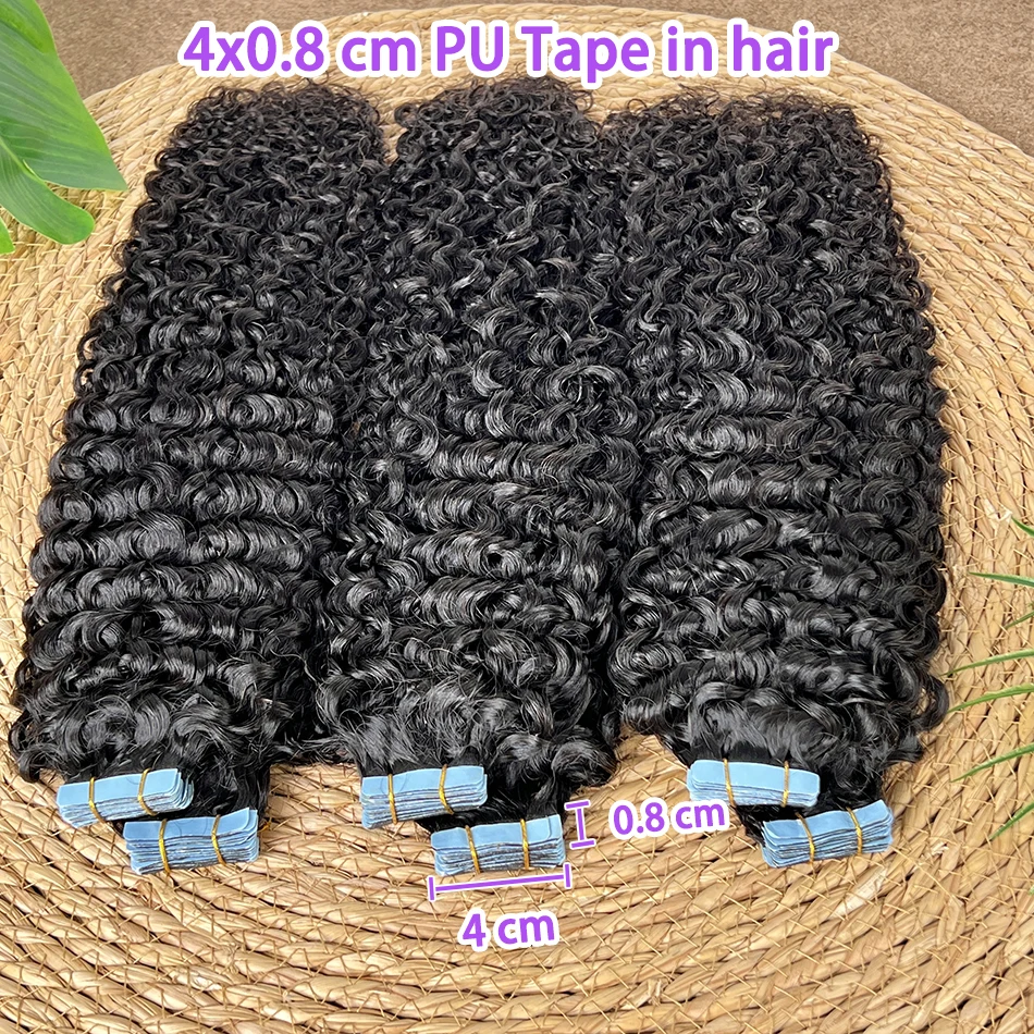 

Глубокая вьющаяся лента из искусственной кожи для наращивания человеческих волос, невидимая бесшовная лента из искусственной кожи, завязанная вручную клеи 4x0,8 см, 100 г, 100% натуральные волосы