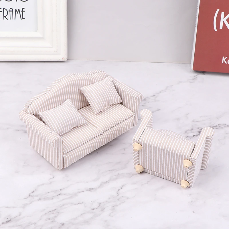 1:12 Dollhouse Miniature Striped Furniture Sofa With Pillow Sofa Model Furniture Scene Toy Doll House Decor Dollhouse Accessorie