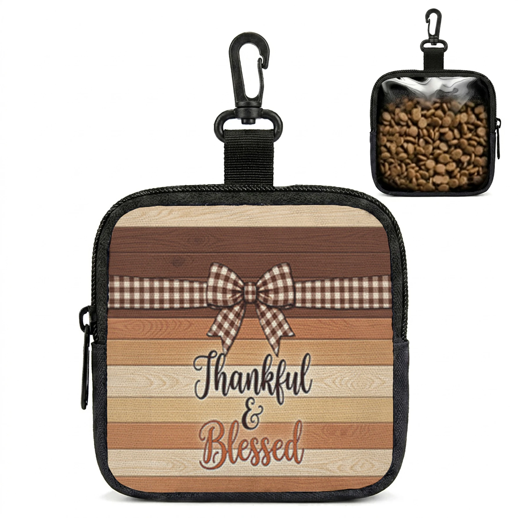Thankful Blessed Plaid Bow Print Mini Zipper Pouch With Carabiner, Portable Pet Treat Storage Bag