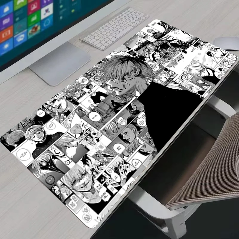 Mauspad, Anime Tokyo Ghoul Kaneki Ken, Computer-Gamer, rutschfeste Mausunterlage mit Verriegelungskante, schwarz-weiß, Büro-Tastatur-Schreibtischunterlage