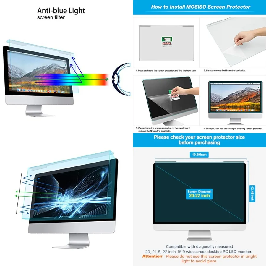 

20-22 inch Computer Blue Light Blocking Screen Protector Anti-UV Eye Protection Filter Film Panel for Diagonal 20,21.5,22 inch 16:9 Widescreen Desktop PC LED Monitor(19.29 x 12.48 inch/L x W)