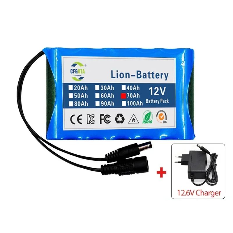 Akumulator 12 V 70000 mAh 18650 Li-ion 70 Ah Akumulatory z pakietami akumulatorów litowych BMS Płyta ochronna + Ładowarka 12,6 V