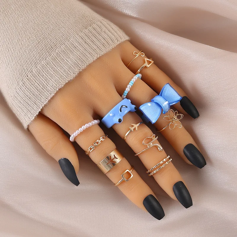 13-Piece Klein Blue Ring Bow Love Open Index Finger Ring Women's Niche Design Adjustable Joint Ring