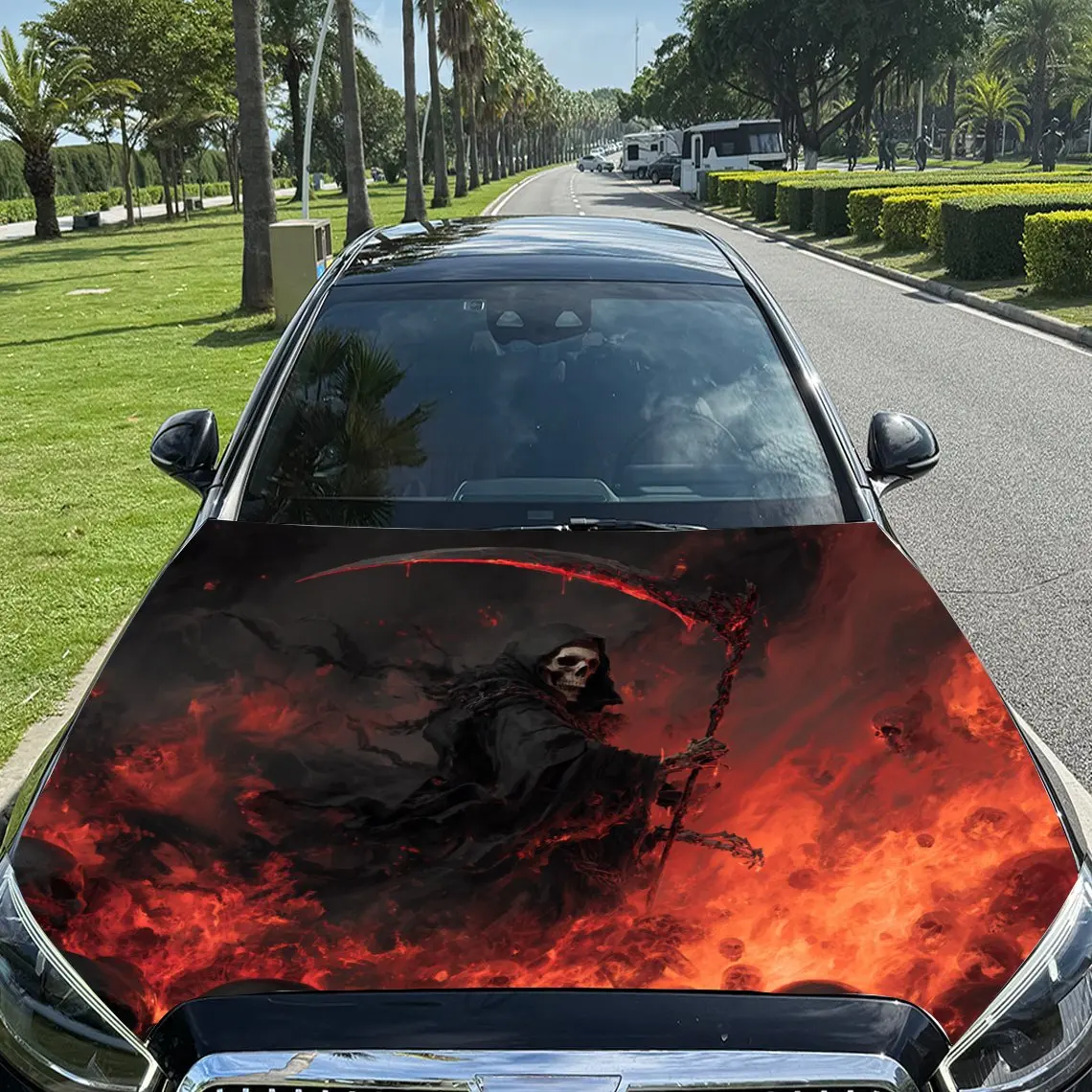 

Blazing Grim Reaper Pattern car hood stickers, waterproof self-adhesive, scratch resistant, easy to stick, durable car PVC stick