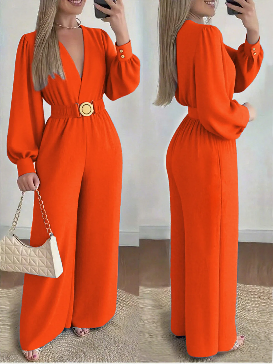 Deep V-neck jumpsuit with wide legs for slimming and fashionable style
