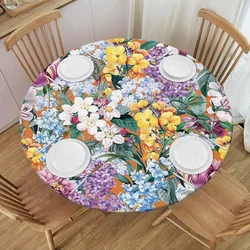 Flower Birds Round Tablecloth Waterproof Elastic Dining Table Decoration Accessories Boho Style Home Kitchen Dining Room Decor
