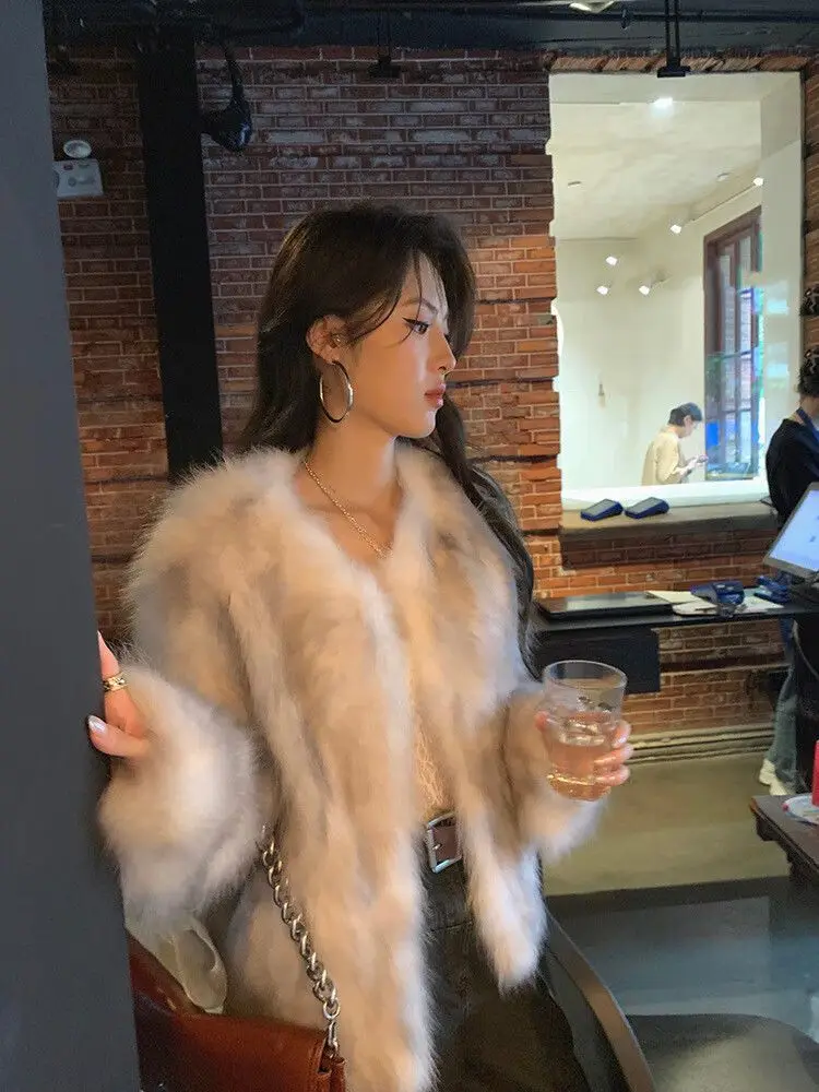 인조 모피 그린 코트 여성용 오버코트 스탠드업 스노우 걸 스트리트웨어 접이식 양면 스냅 여성용 사이드 스트리트 체크무늬 에모 트렌드