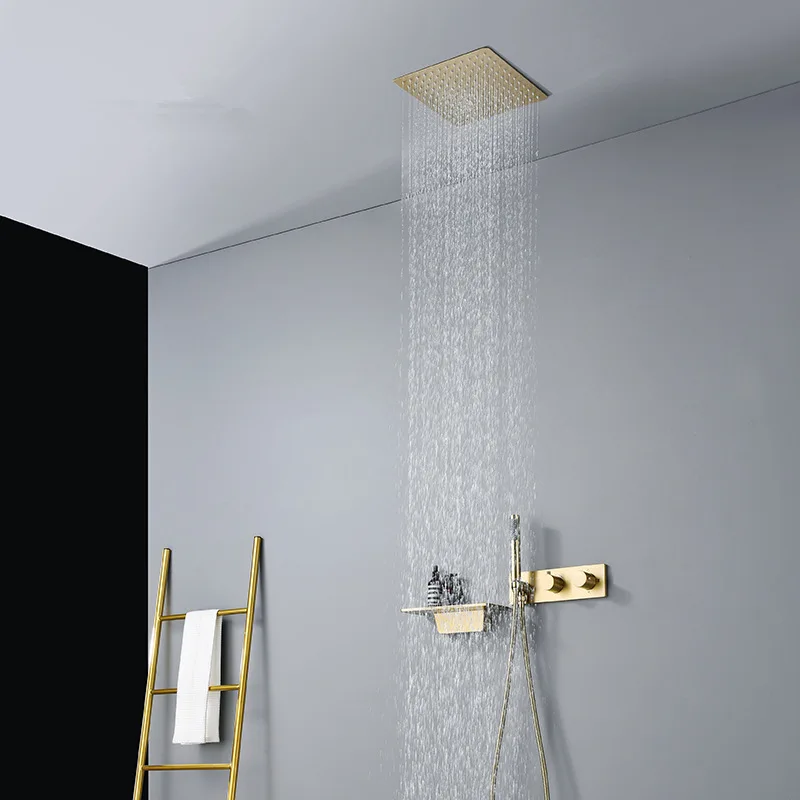 

Bathroom Shower Faucet Set Brass Wall Mounted Gray Rainfall style Shower Brush Gold /Gray Finished 2 Functions Shower Faucet