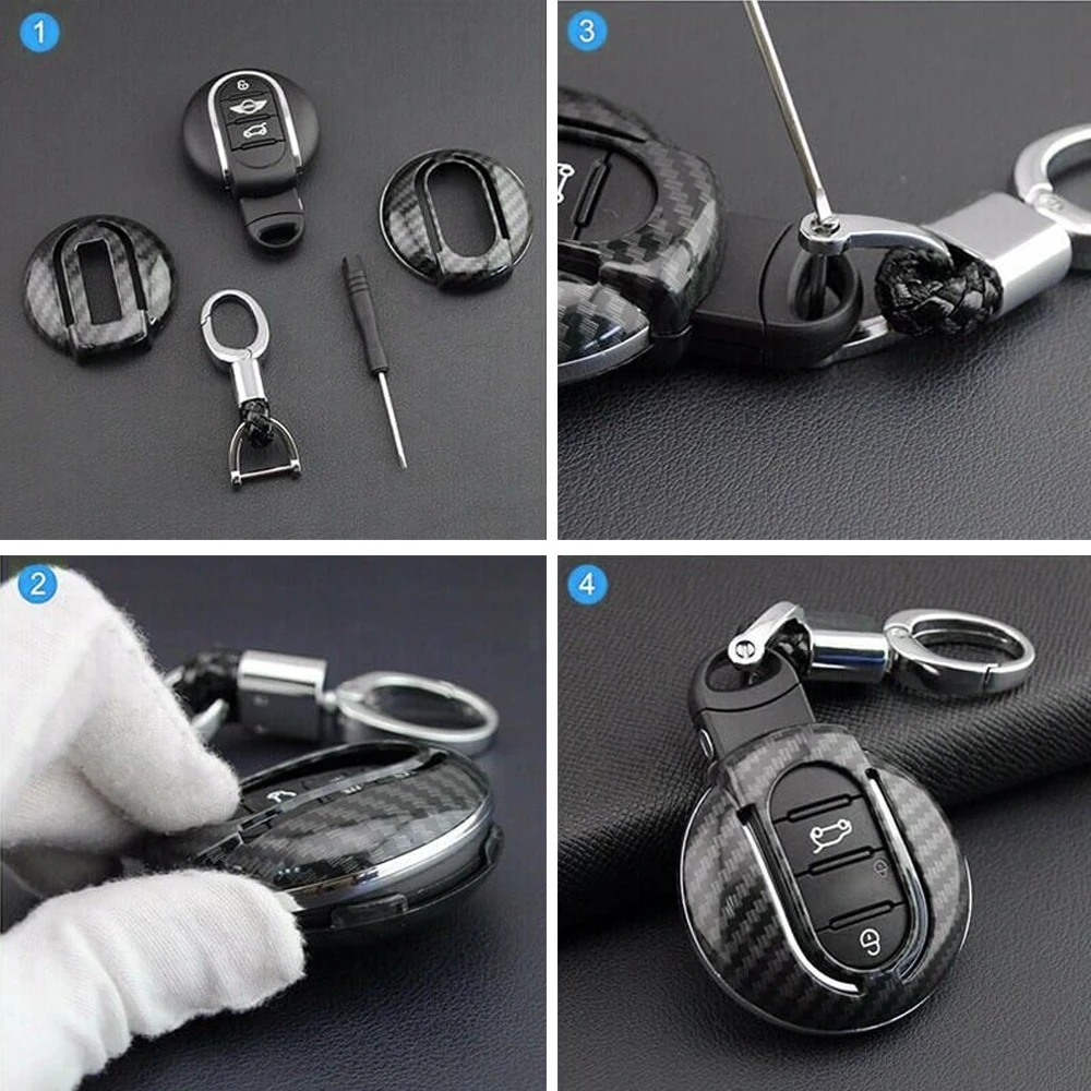 Carbon Fiber Car Key Case Full Cover Fob Shell Chain Ring For Mini Cooper Countryman Clubman F55 F56 F57 F60 F54